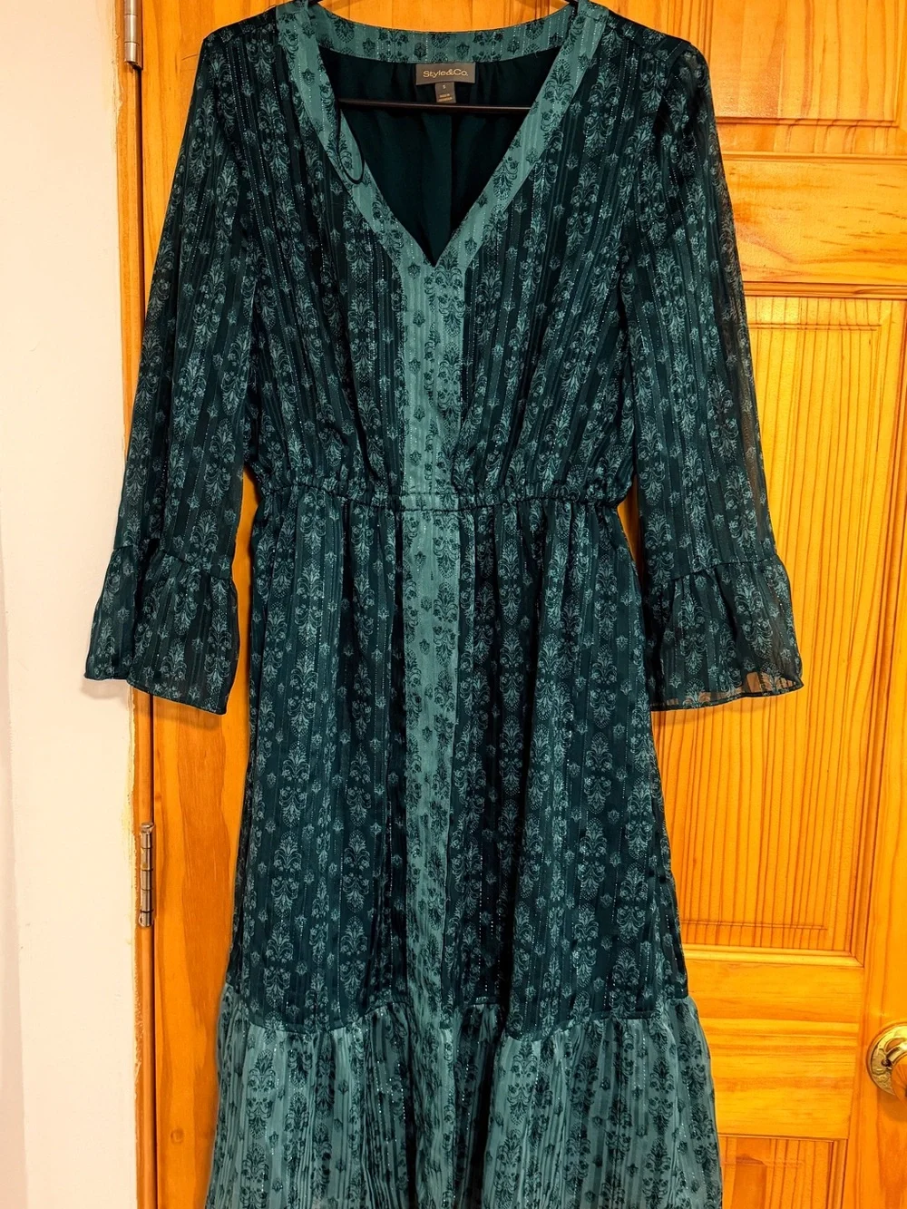 Style & Co. Dark Green Floral Midi Dress with V-Neck